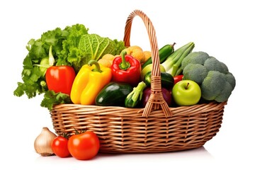 Organic fruits and vegetables in a white wicker basket