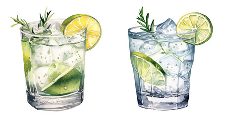 set of two glasses of Gin and tonic alcoholic drink watercolor illustration png isolated on a transparent background, cocktail clipart  - obrazy, fototapety, plakaty