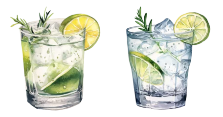 Fotobehang set of two glasses of Gin and tonic alcoholic drink watercolor illustration png isolated on a transparent background, cocktail clipart  © Deea Journey 