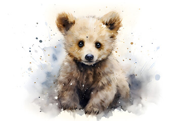 Watercolor Little bear in the grass, a cute portrait of a small furry friend