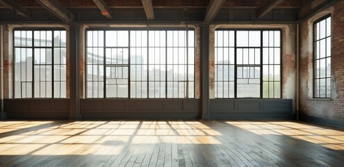 Empty industrial loft with large windows and sunlight casting shadows on wooden floor.