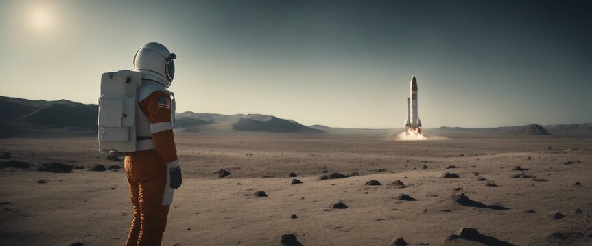 Back view of an astronaut looking at a rocket taking off in the background, landscape of another planet.