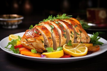 Chicken breast roasted with lemon and veggies - obrazy, fototapety, plakaty