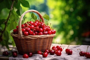 Full wicker basket of ripe cherries on wooden table with blurred garden background - Powered by Adobe