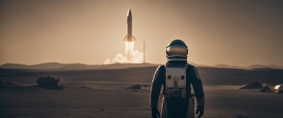 Back view of an astronaut looking at a rocket taking off in the background, landscape of another planet.