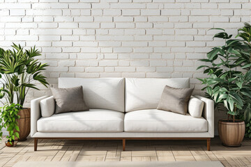 3d rendering of living room in white oak sofa, white brick wall and wooden planters