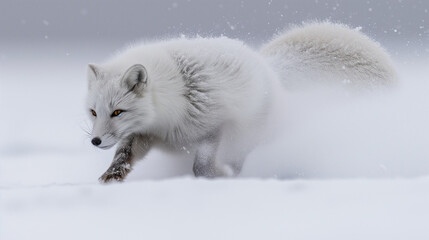 Naklejka premium Arctic fox running and pouncing in the thick snow