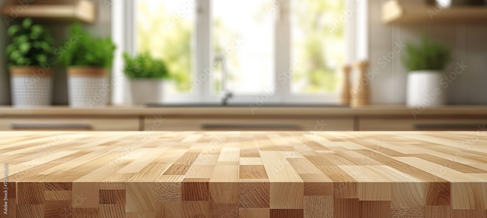 Poster empty wooden table on white counter with blurred background for product display or montage.