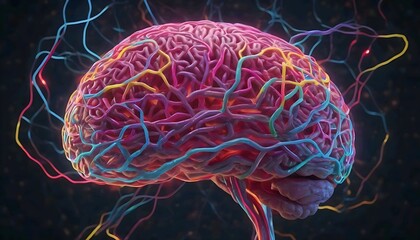 Obraz premium Dynamic 3D Brain, Neon Lines Illuminate Neural Network Connections.