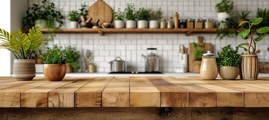 Empty wooden tabletop on white blurred kitchen counter for product display or cooking concept
