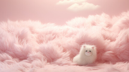 Cute white kitten among pink cloudy feather background