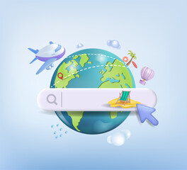 Fototapeta premium The search bar. Booking air tickets online. Tourism, business trips, travel, holidays abroad. 3d vector, free space to copy.