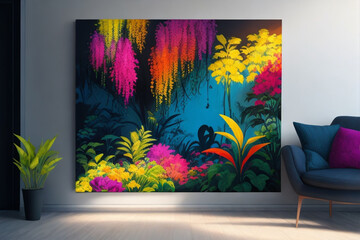 bright colourful Silhouettes of beautiful plants on canvas.interior design wall painting with a full room