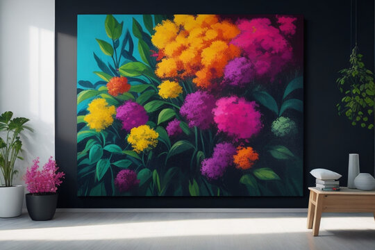 bright colourful Silhouettes of beautiful plants on canvas.interior design wall painting with a full room