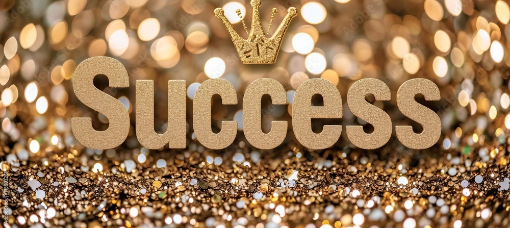 Poster magical bokeh sparkles background with elegant golden text success on a stylish postcard