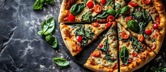 Indulge in a mouthwatering california-style pizza topped with fresh tomatoes and fragrant basil on a rustic black surface, bringing a taste of italy to your plate - obrazy, fototapety, plakaty