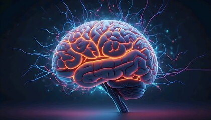 Dynamic 3D Brain, Neon Lines Illuminate Neural Network Connections.