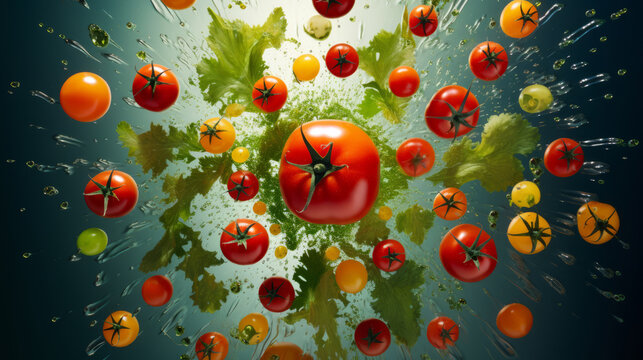 Tomato pictures in style of kaleidoscope art on light background. Elegant and mesmerizing art of red vegetables.