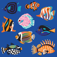 Set of beautiful tropical fishes, exotic sea wildlife in vector