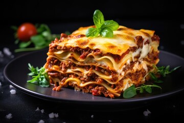 Delicious homemade Italian lasagna with bolognese sauce basil and cheese on a white plate