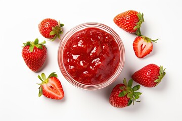 A top down view of strawberry jam and fruit in a glass bowl on a white background