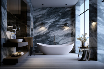 Dark gray color marble patterned wall and floor minimal design modern decorated bathroom interior