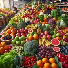 Fruit market with various colorful fresh fruits and vegetables 