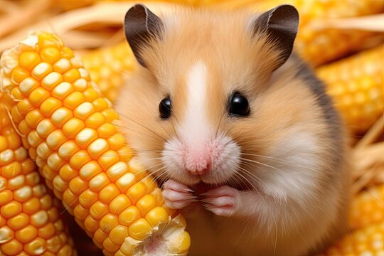 Phodopus campbelli, a Campbell dwarf hamster, feasting on freshly harvested corn.