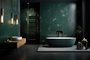 Fototapeta na wymiar Dark green color minimal design decoration modern bathroom interior