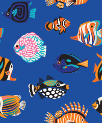 Seamless pattern with beautiful tropical fishes, exotic sea wildlife