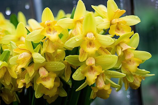 Yellow Cymbidium or Boat Orchid blossoms at Takdah Orchid Center in Darjeeling, India.