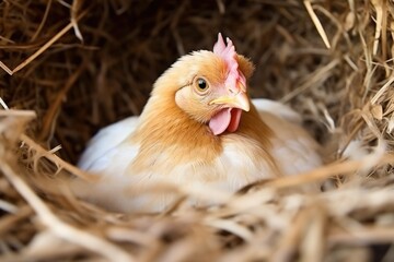 Fototapeta premium Photo of a hen standing near chicken eggs in a hay nest