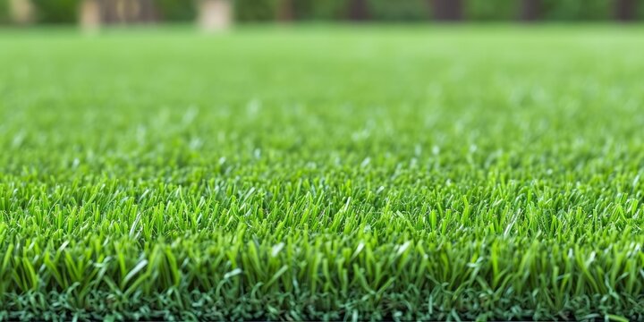 Close-up of lush green artificial turf with a blurred background, suitable for sports and landscaping themes.
