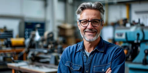 Fotobehang A skilled technician in a denim shirt and glasses works diligently on a machine in a factory workshop, showcasing the marriage of engineering and style in the human face © Radomir Jovanovic