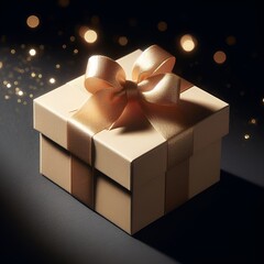 Magic beautiful big gift on dark background. Golden, beautifully decorated gift box. A beautifully wrapped gift in front against a snowy background