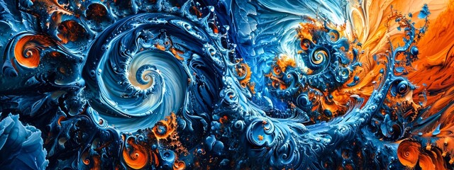 A vibrant and mesmerizing painting featuring a swirling vortex of blue and orange fractal patterns, creating a modern and psychedelic work of abstract art