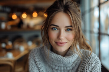 Smiling Woman in Cozy Sweater Indoors