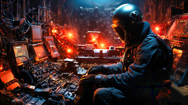 Futuristic soldier: A sci-fi illustration of a military figure ready for exploration. Dive into a world of advanced technology and space-age adventure