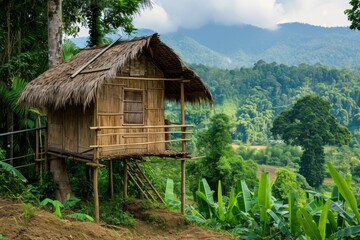 bamboo hut with a thatched roof perched on stilts on the side of a hill