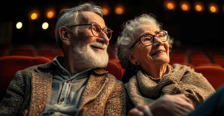 Obraz premium Elderly couple enjoying a captivating movie together, sharing a moment of leisure and entertainment in the warm glow of a theater setting