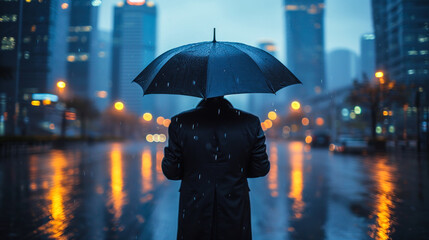 Solitary businessman standing with umbrella amidst cityscape, facing inclement weather, representing concepts of business insurance and corporate risk management