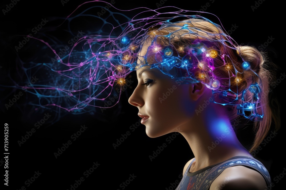 Poster aging brain complex puzzle - mind game ingenious synapses pathways. wit visionary, brain's visualiza