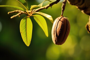 Indian Nutmeg hanging on a tree in Kerala