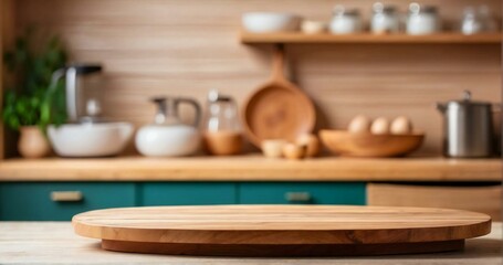 Obraz na płótnie Canvas wooden display for products with a blur bokeh kitchen background, for product display needs