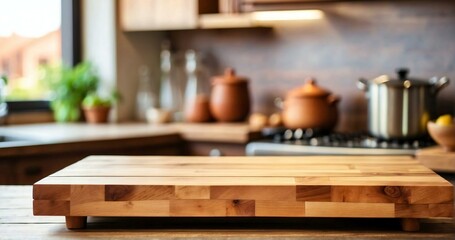 Wooden displays for kitchen products with a blur bokeh kitchen background, for product display needs