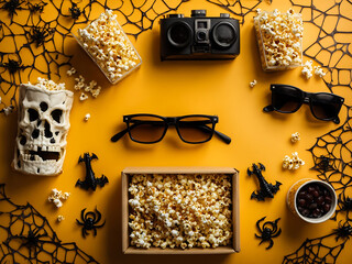 Halloween film fanatics! Top view of themed setup, bone-themed popcorn boxes, creepy zombie skeleton hands, spiderweb, bats, 3D glasses, on yellow backdrop with empty frame for text or ad design.
