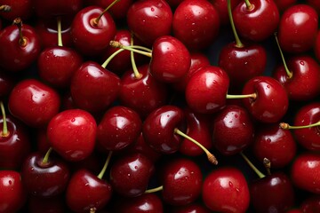 Top view of fresh ripe cherries in the background