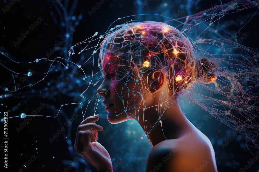 Poster aging brain complex puzzle - mind game ingenious synapses pathways. wit visionary, brain's visualiza