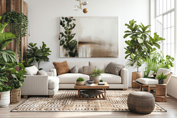 modern wooden living room with windows, white couch and colorful plants