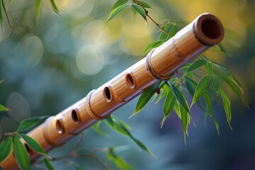 bamboo flute suspended amidst green leaves